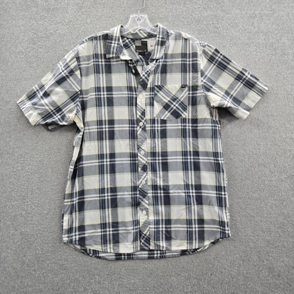 O'Neill Men Button Up Shirt L Grey Plaid ARCHIE Logo Short‎ Sleeve